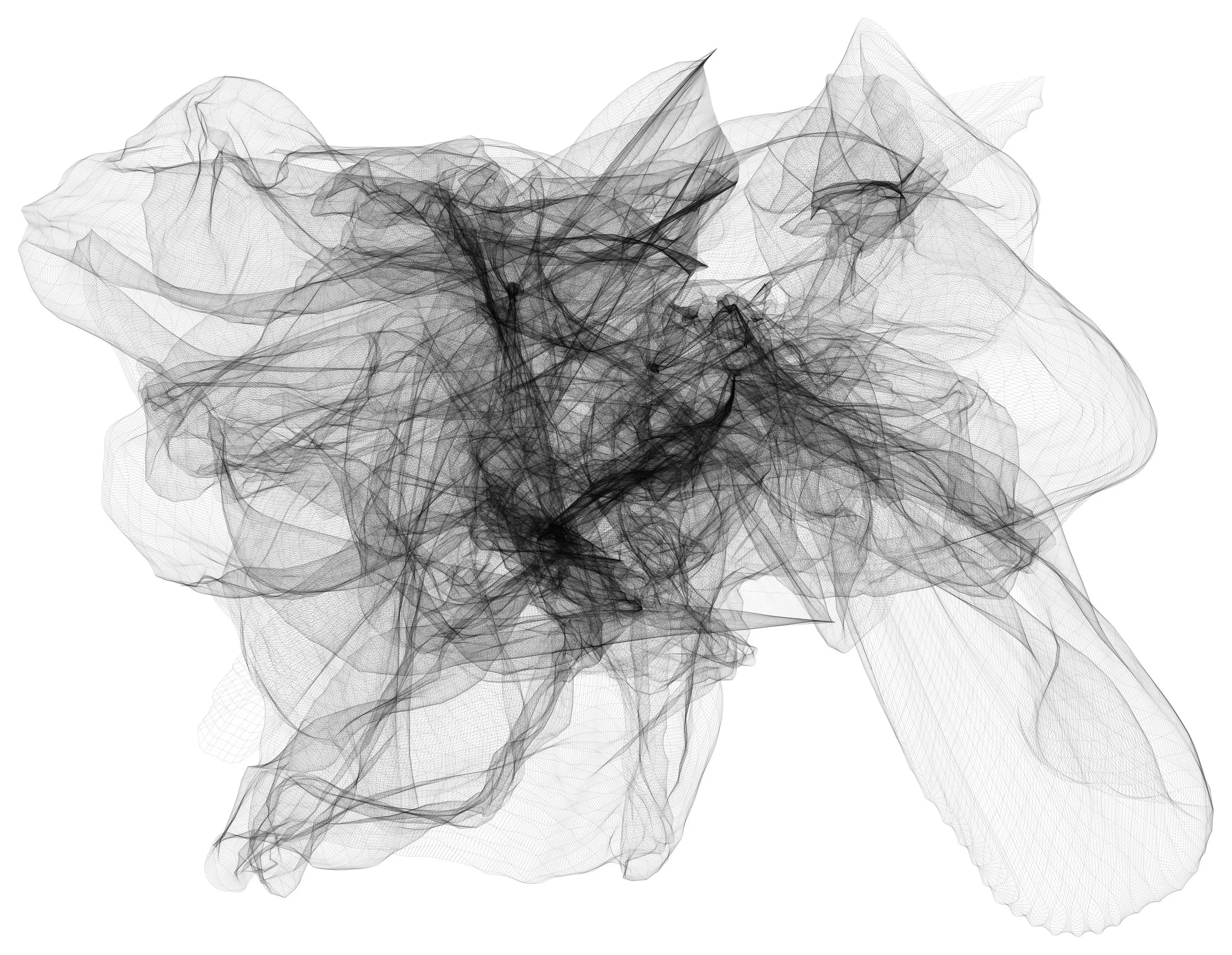 A dense, translucent tangle of fine mesh surfaces, thickest at the center.